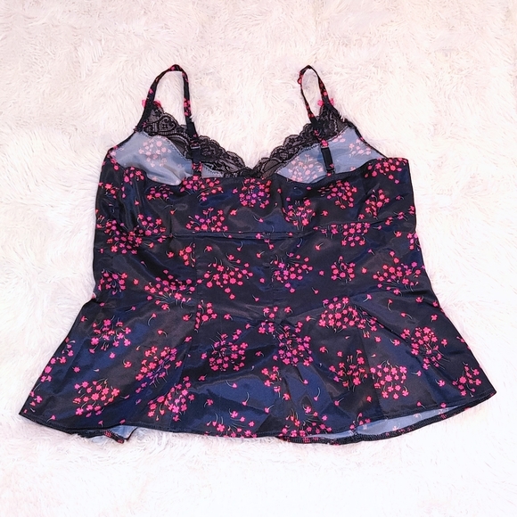 Silky Coquette Peplum Cami, Medium, Navy Blue with Pink Flowers and Navy… - Picture 2 of 5